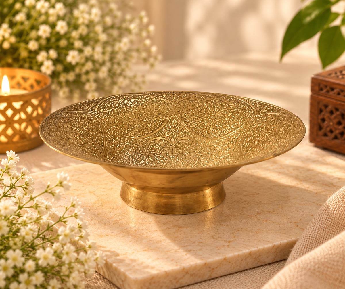 Brass Footed Bowl with Geometric Engraving