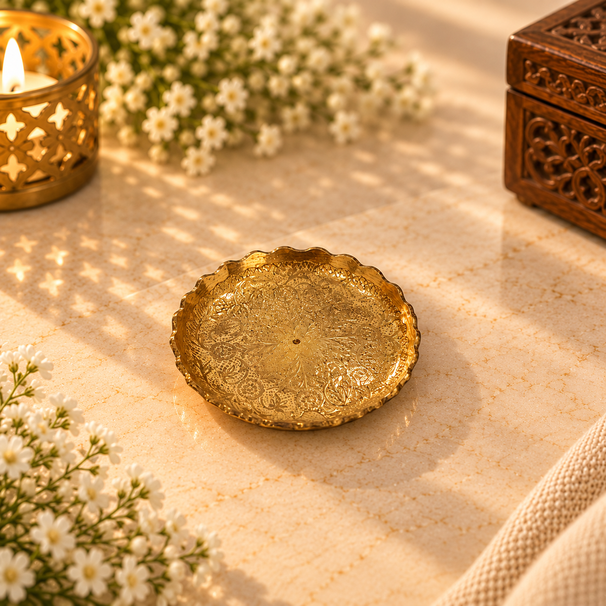 Brass Footed Bowl with Geometric Engraving