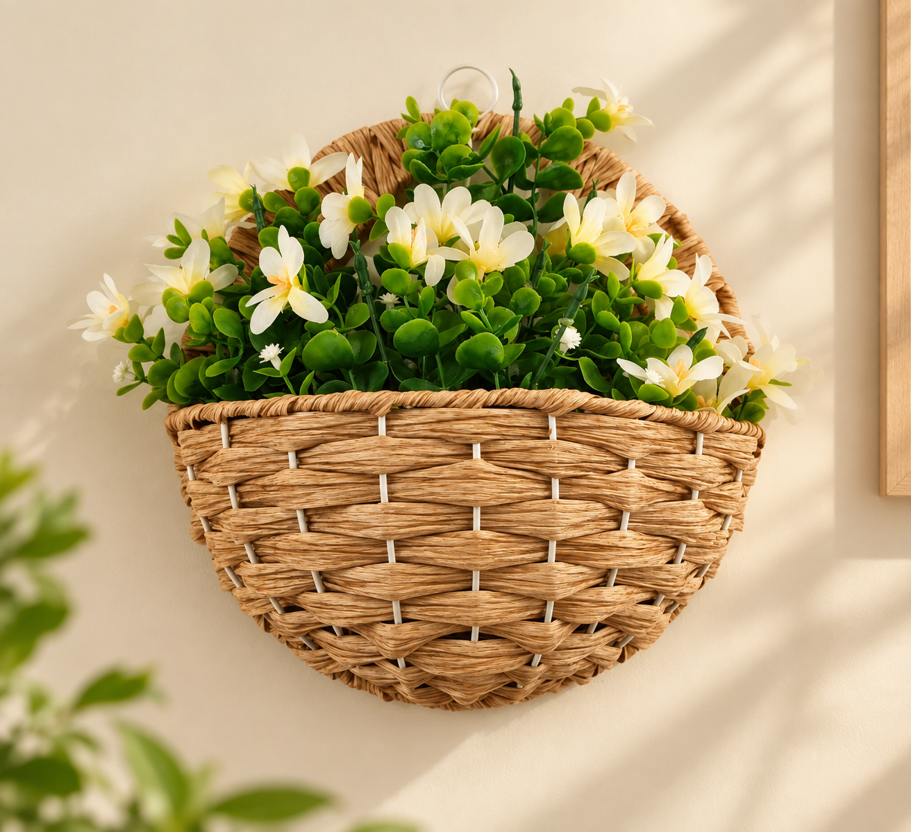 Woven Wall Hanging Flower Basket with Artificial Flowers