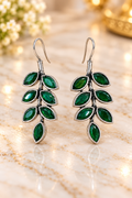 Green Leaf Crystal Drop Earrings Oxidised Silver