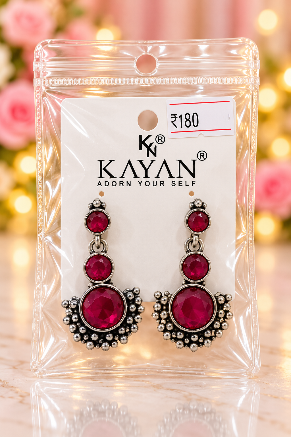 Oxidised Ruby Stone Triple Tier Drop Earrings
