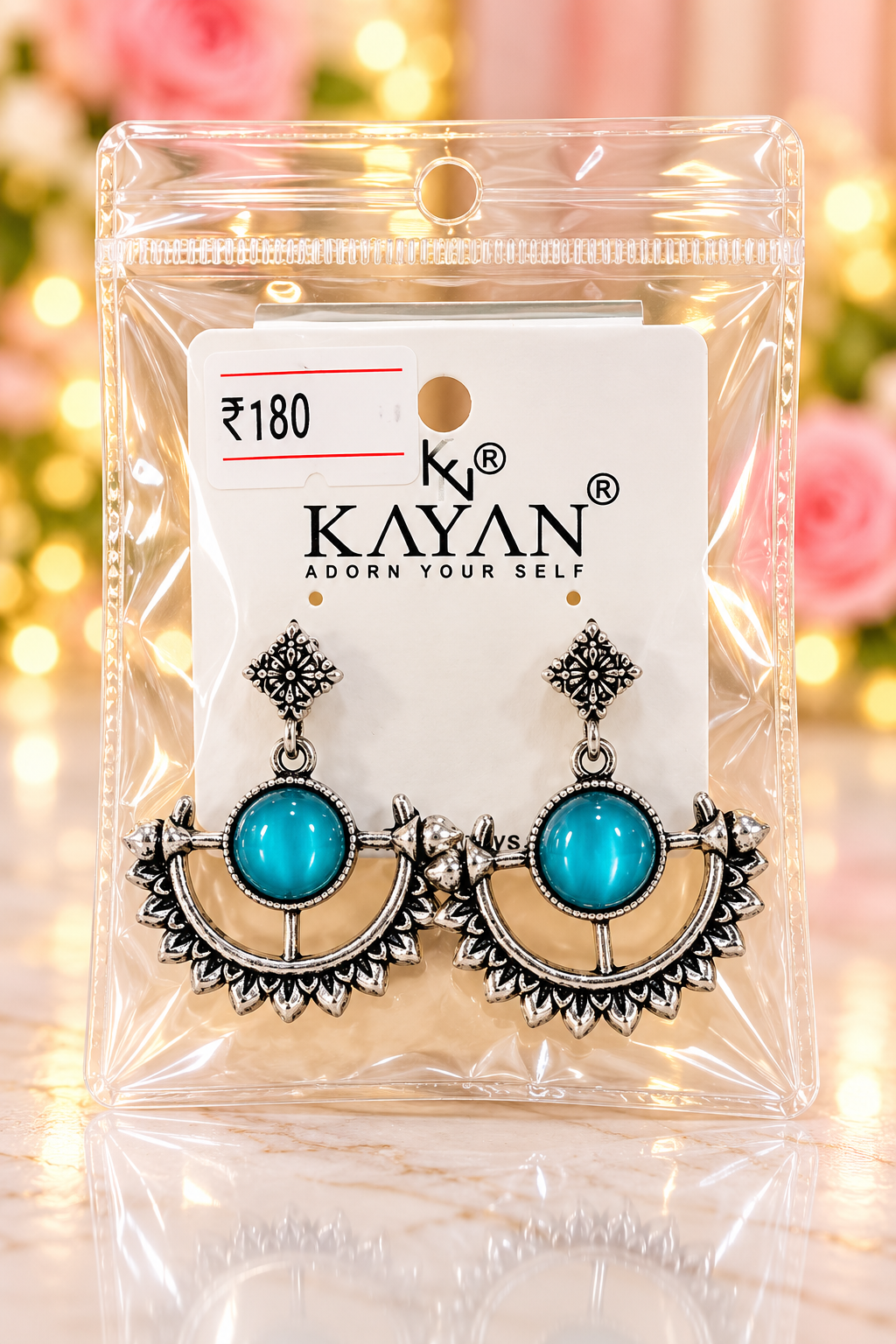 Oxidised Turquoise Stone Chandbali Earrings Lotus Frame