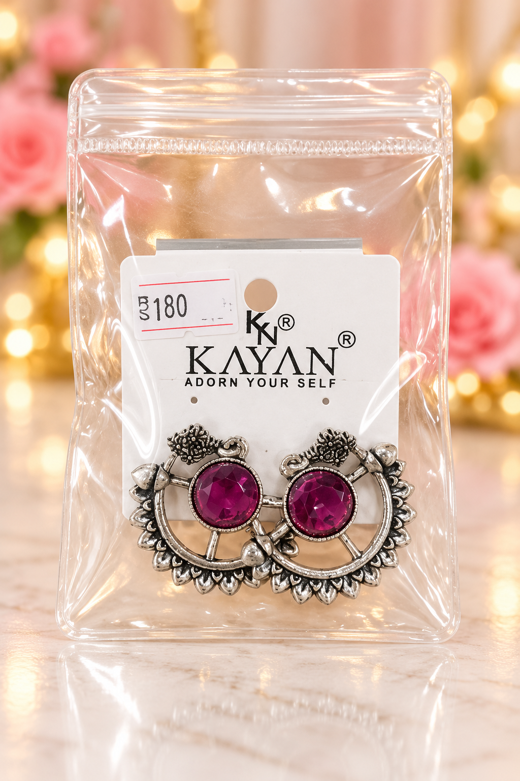 Oxidised Magenta Stone Stud Earrings Lotus Frame