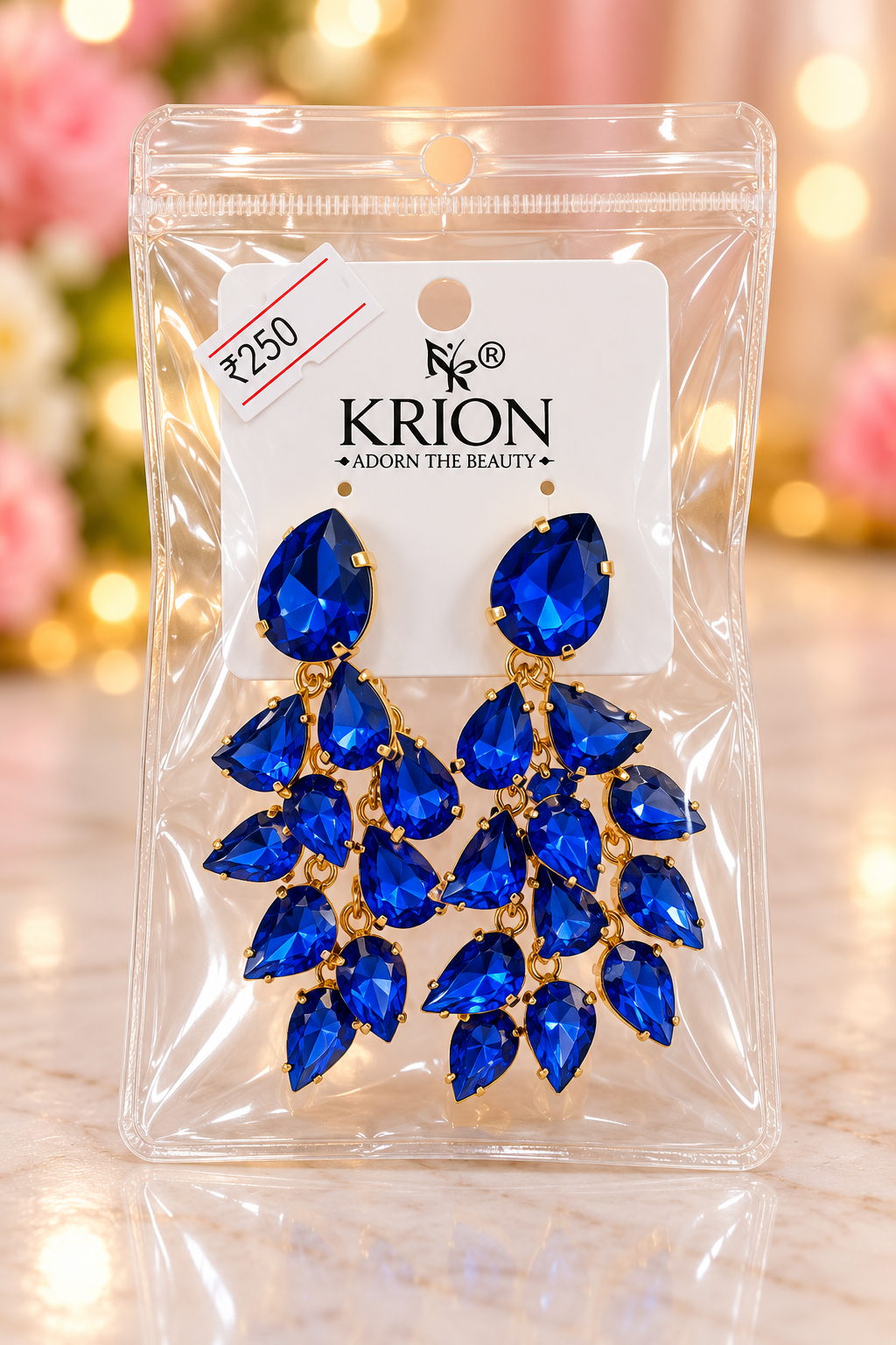Blue Sapphire Crystal Cascade Drop Earrings Gold