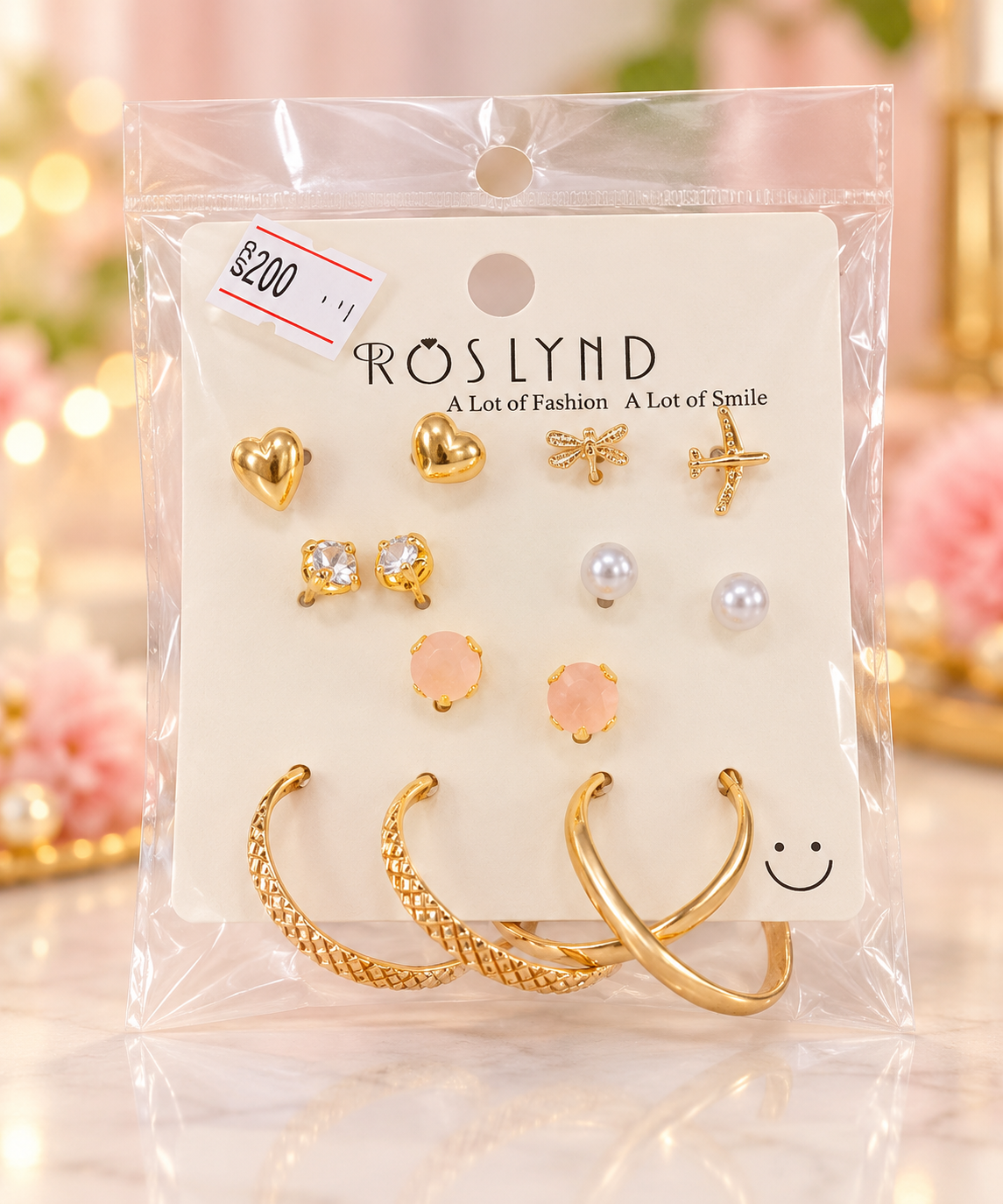 Gold Fashion Stud and Hoop Earrings Set 6 Pairs