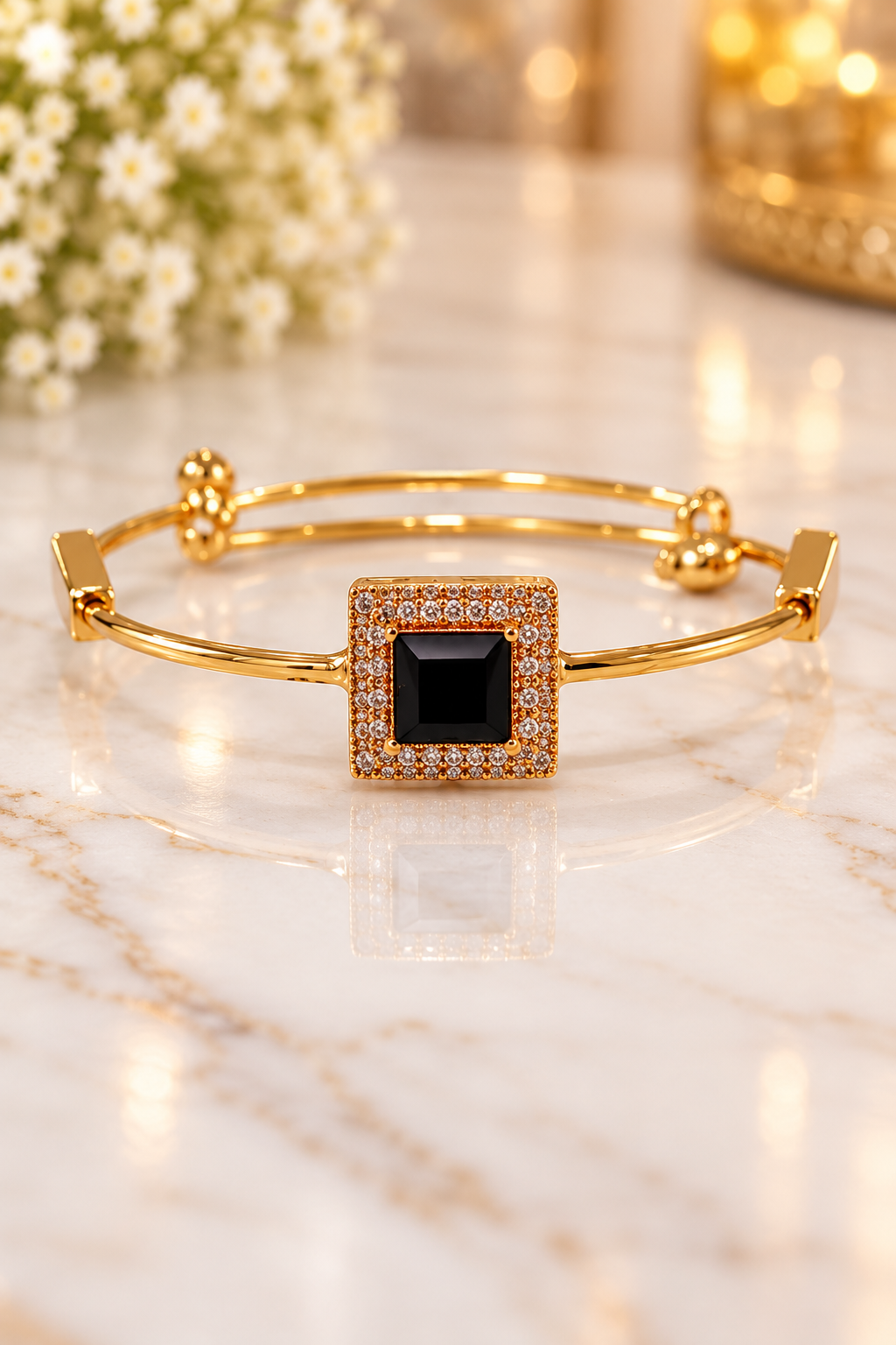 Gold Black Stone CZ Bangle Bracelet
