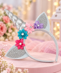 Kids Silver Glitter Unicorn Horn Floral Headband