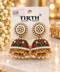 Gold Ruby Emerald Floral Jhumka Earrings Pearl Drops