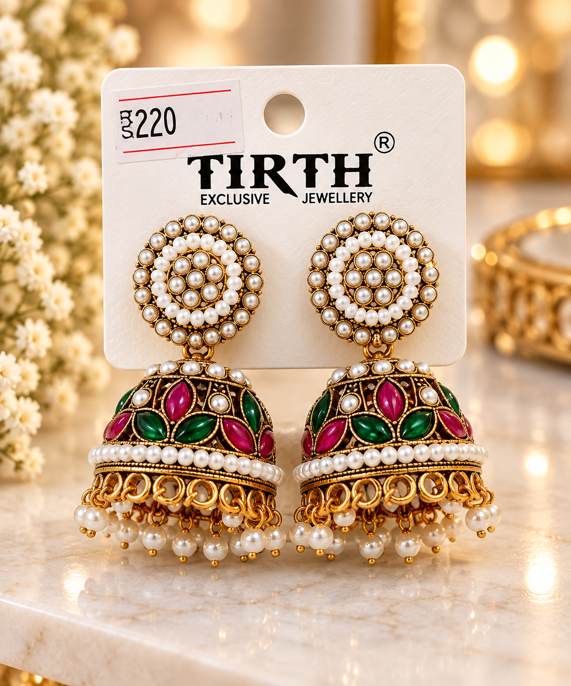 Gold Ruby Emerald Floral Jhumka Earrings Pearl Drops
