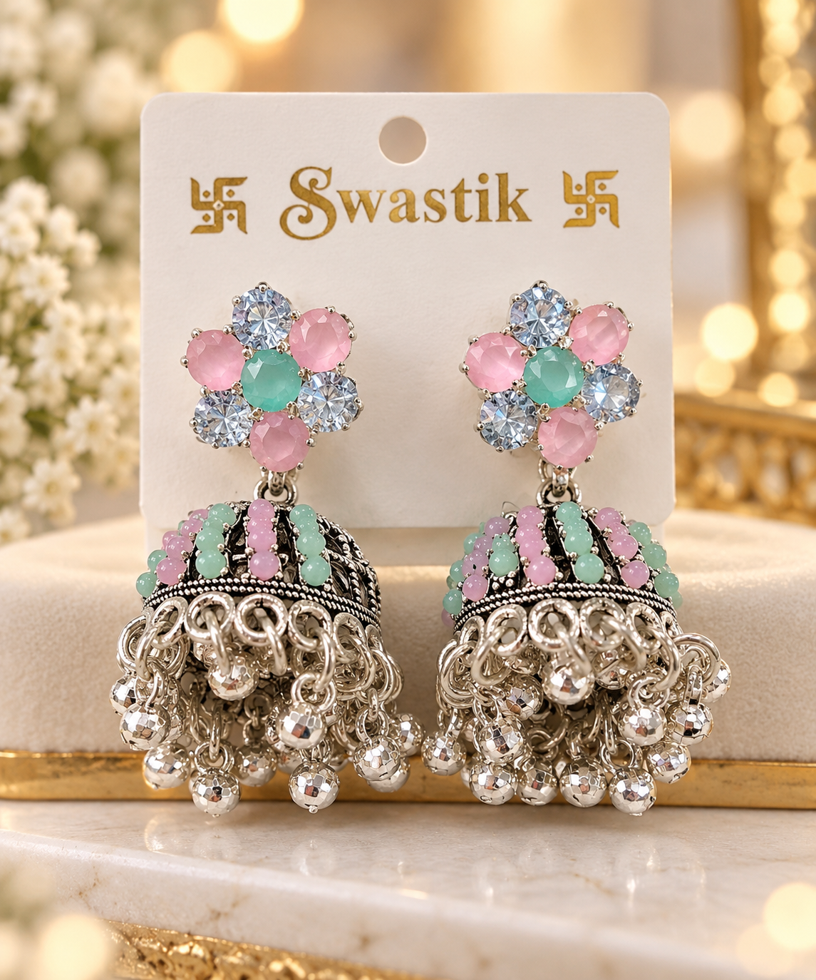 Pastel Floral CZ Jhumka Earrings Silver Ghungroo Drops