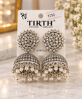 CZ Diamond Cluster Jhumka Earrings Pearl Drops Oxidised Silver