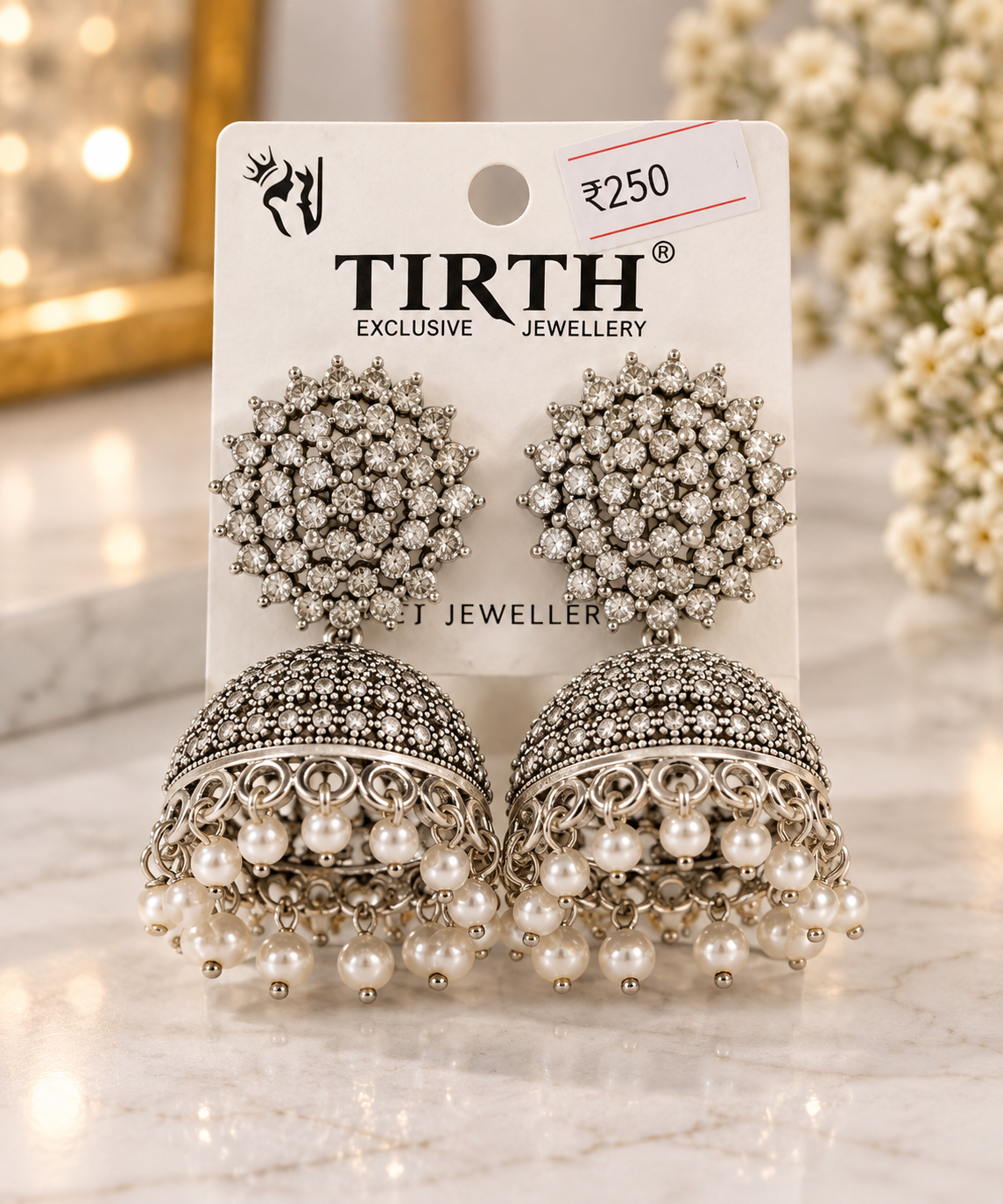 CZ Diamond Cluster Jhumka Earrings Pearl Drops Oxidised Silver