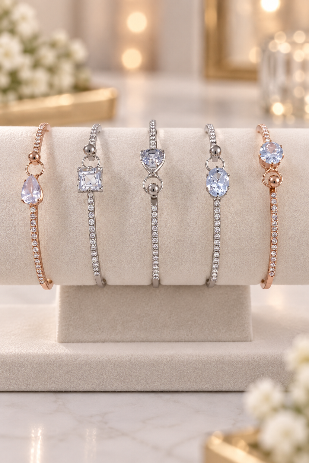 CZ Charm Bangle Bracelets Set of 5 Silver Rose Gold Stackable