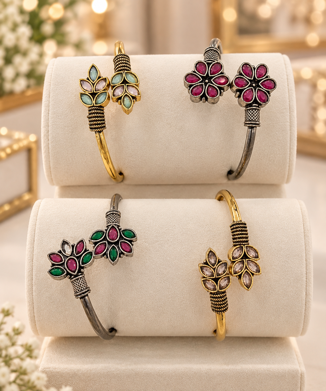 Floral Stone Open Bangle Bracelets Set of 4 Gold Silver Ethnic