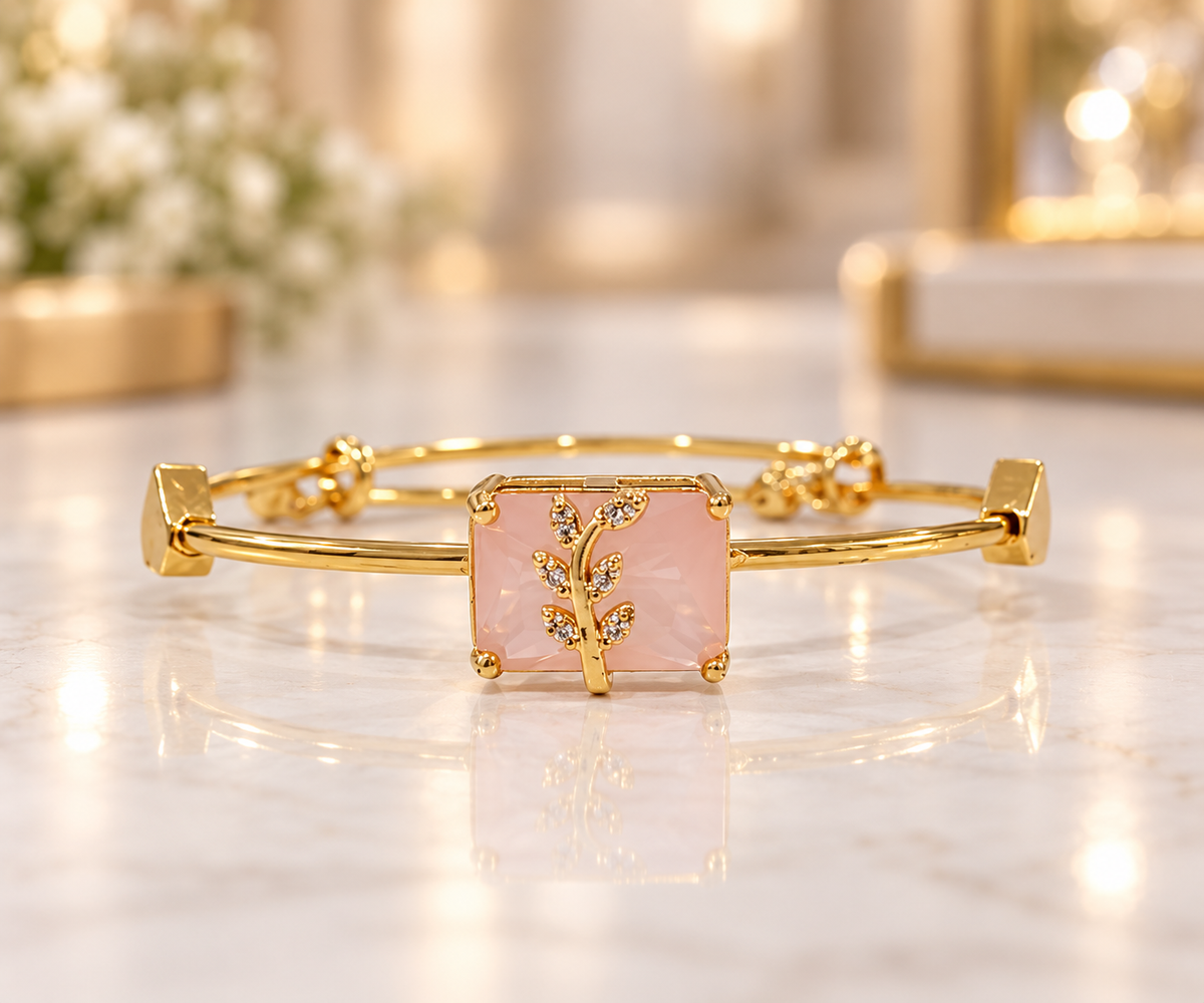 Gold Pink Stone Cage Charm Adjustable Double Band Bangle