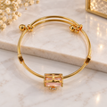 Gold Pink Stone Leaf CZ Bangle Bracelet Open Band