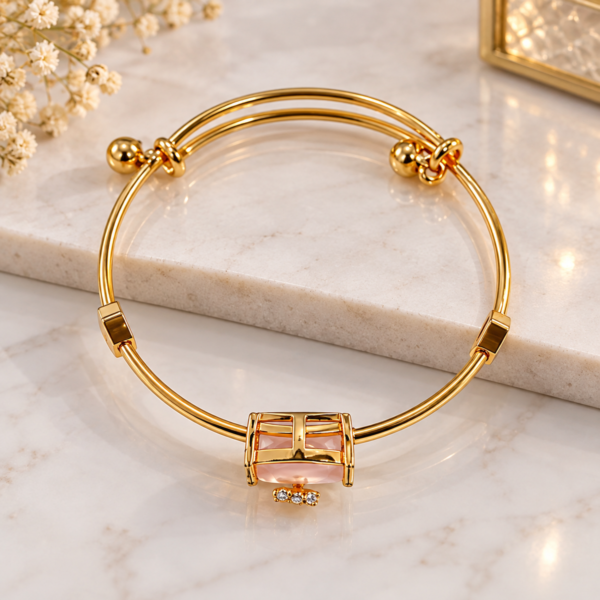 Gold Pink Stone Leaf CZ Bangle Bracelet Open Band