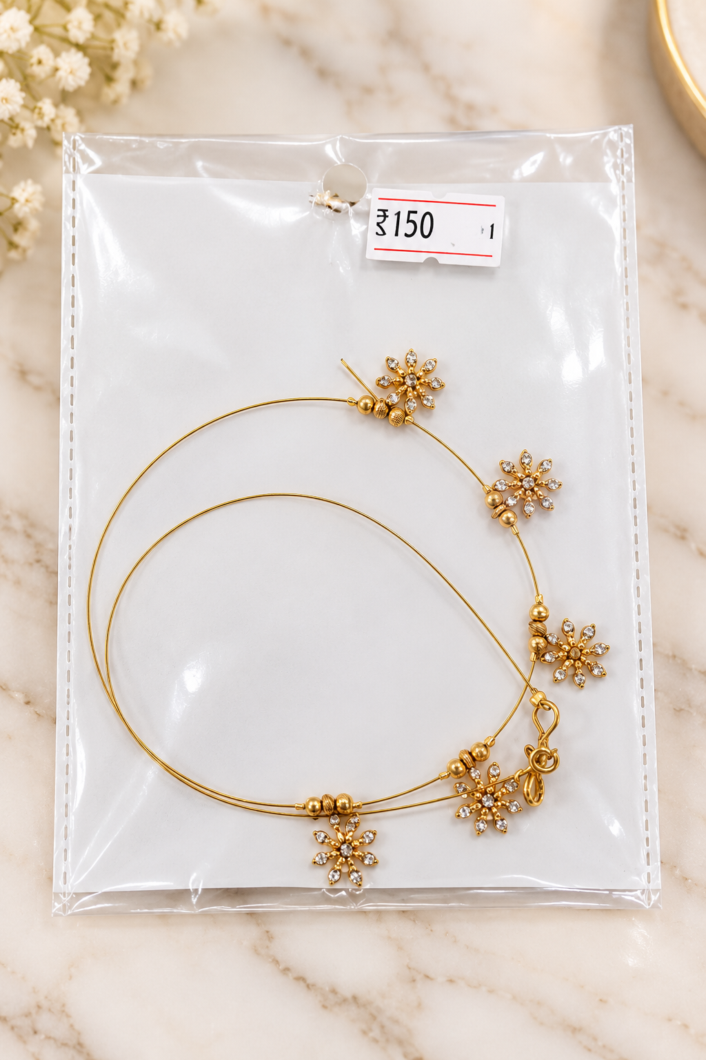 Gold Floral CZ Wire Bracelet Snowflake Charms