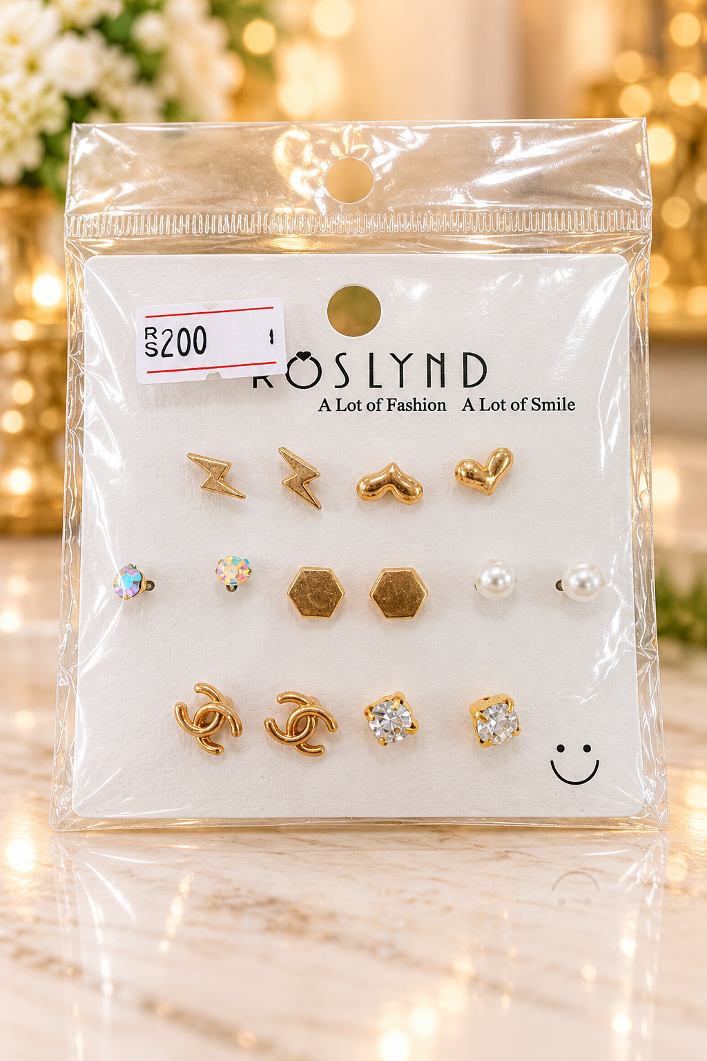 Fashion Gold Stud Earrings Set of 9 Pairs Mixed Designs
