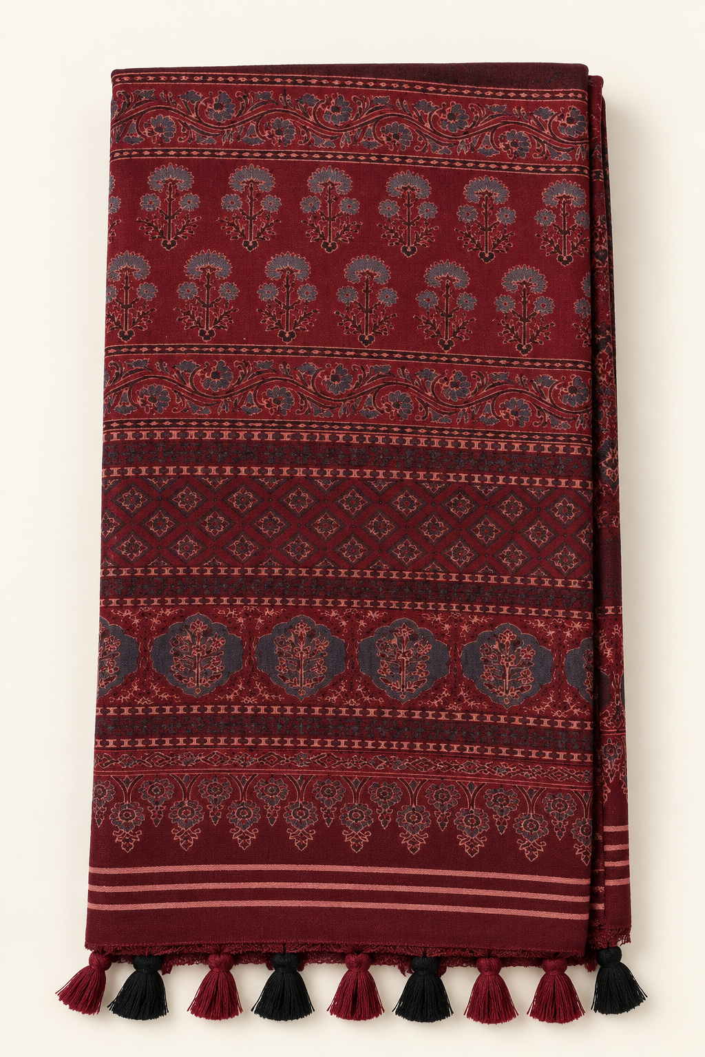 Maroon Ajrakh Print Kashmiri Cotton Saree - Detail View