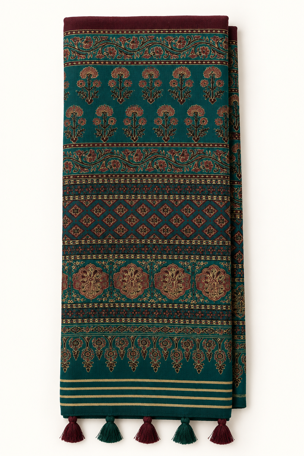 Teal Ajrakh Print Kashmiri Cotton Saree