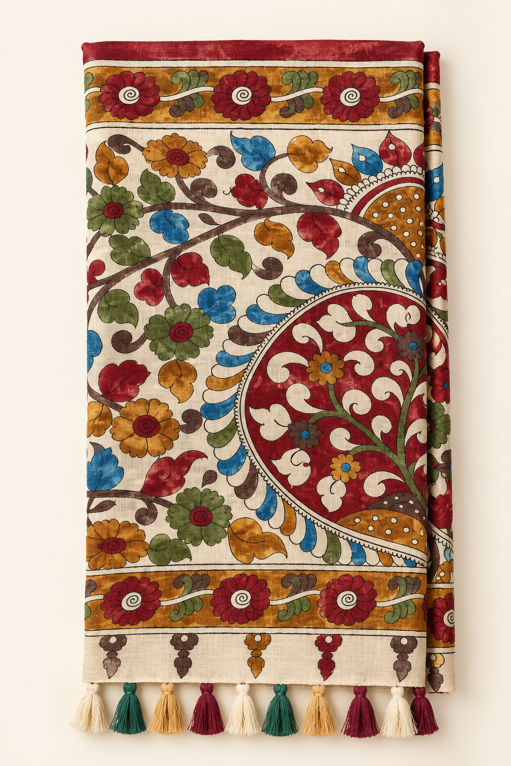 Ivory Kalamkari Print Kashmiri Cotton Saree