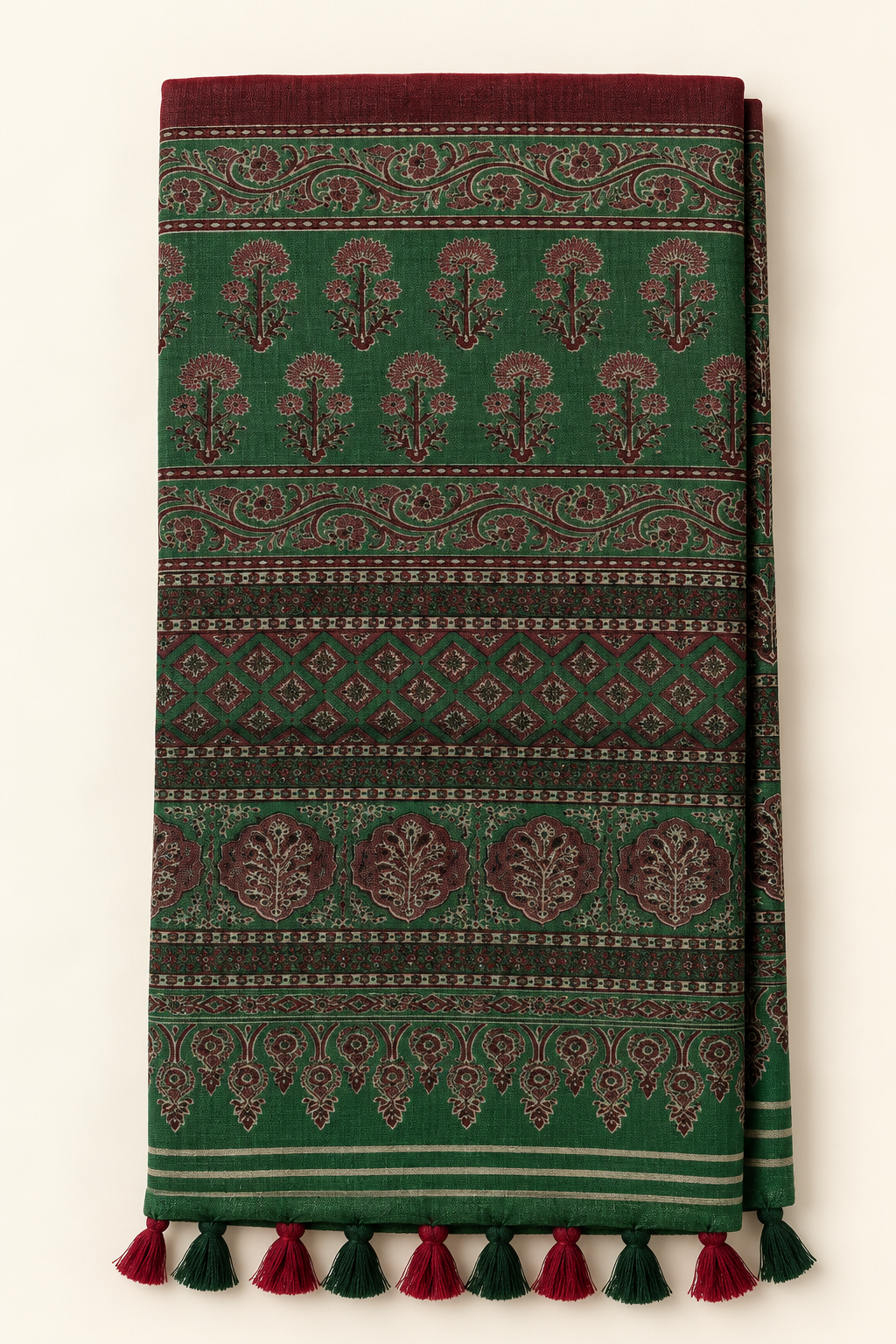 Green Ajrakh Print Kashmiri Cotton Saree