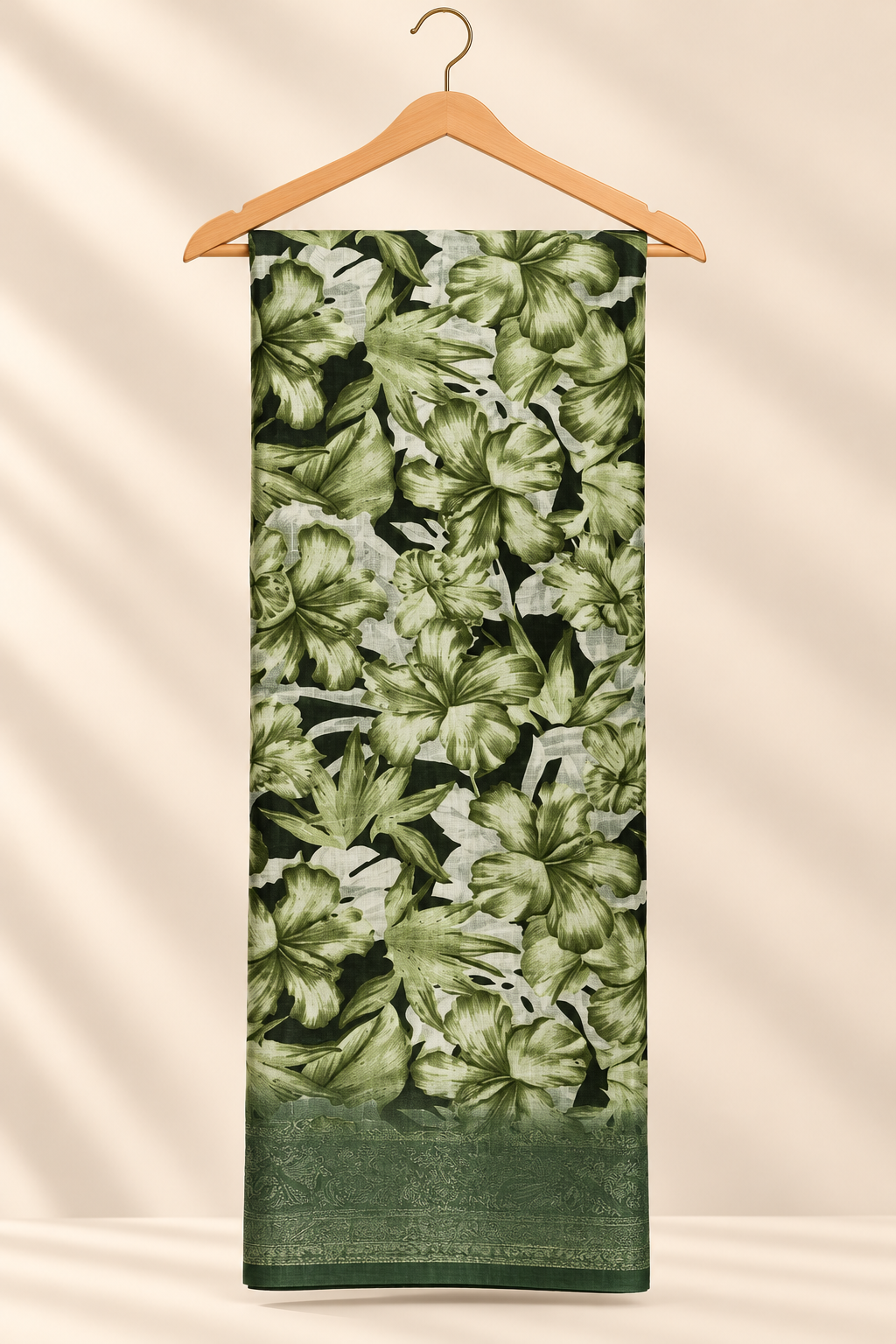 Black & Gold Hibiscus Floral Print Saree with Taupe Zari Border