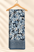 Navy Blue Hibiscus Floral Print Saree with Steel Blue Border