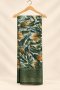 Teal & Ivory Paisley Print Saree with Stripe & Grey Border