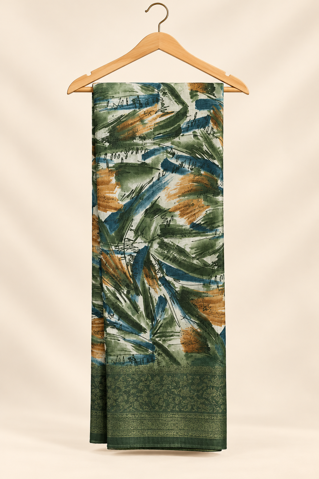 Teal & Ivory Paisley Print Saree with Stripe & Grey Border