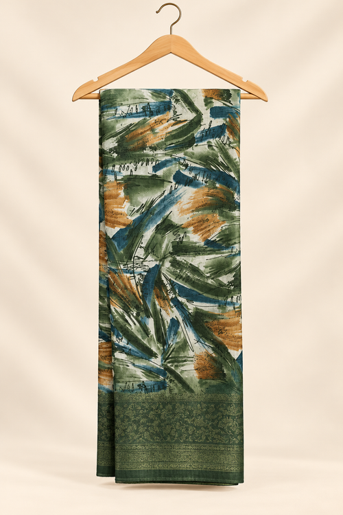 Teal & Ivory Paisley Print Saree with Stripe & Grey Border