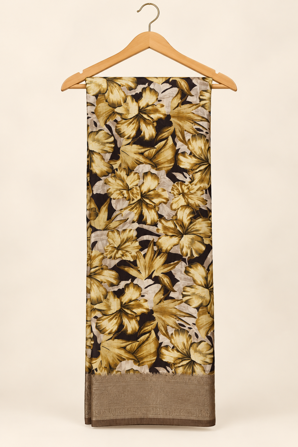 Rust Red Botanical Floral Print Saree with Self-Tone Border