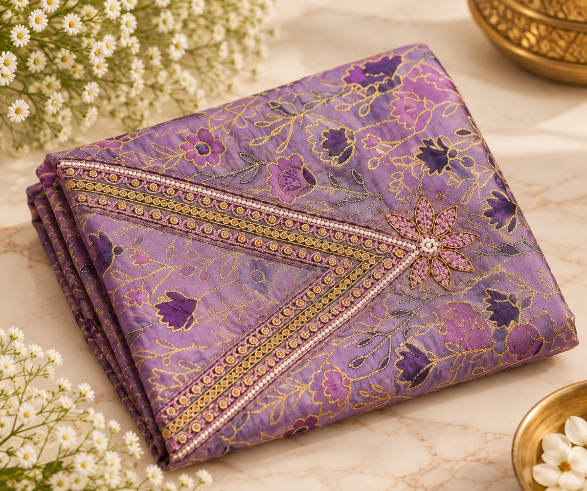 Purple Floral Embroidered Suit Fabric with Zari Border