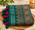 Teal & Pink Printed Silk Saree with Tassels