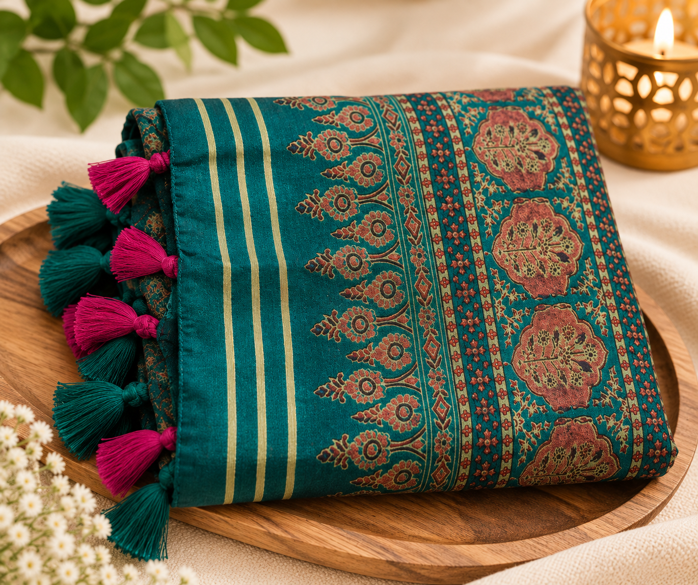 Teal & Pink Printed Silk Saree with Tassels