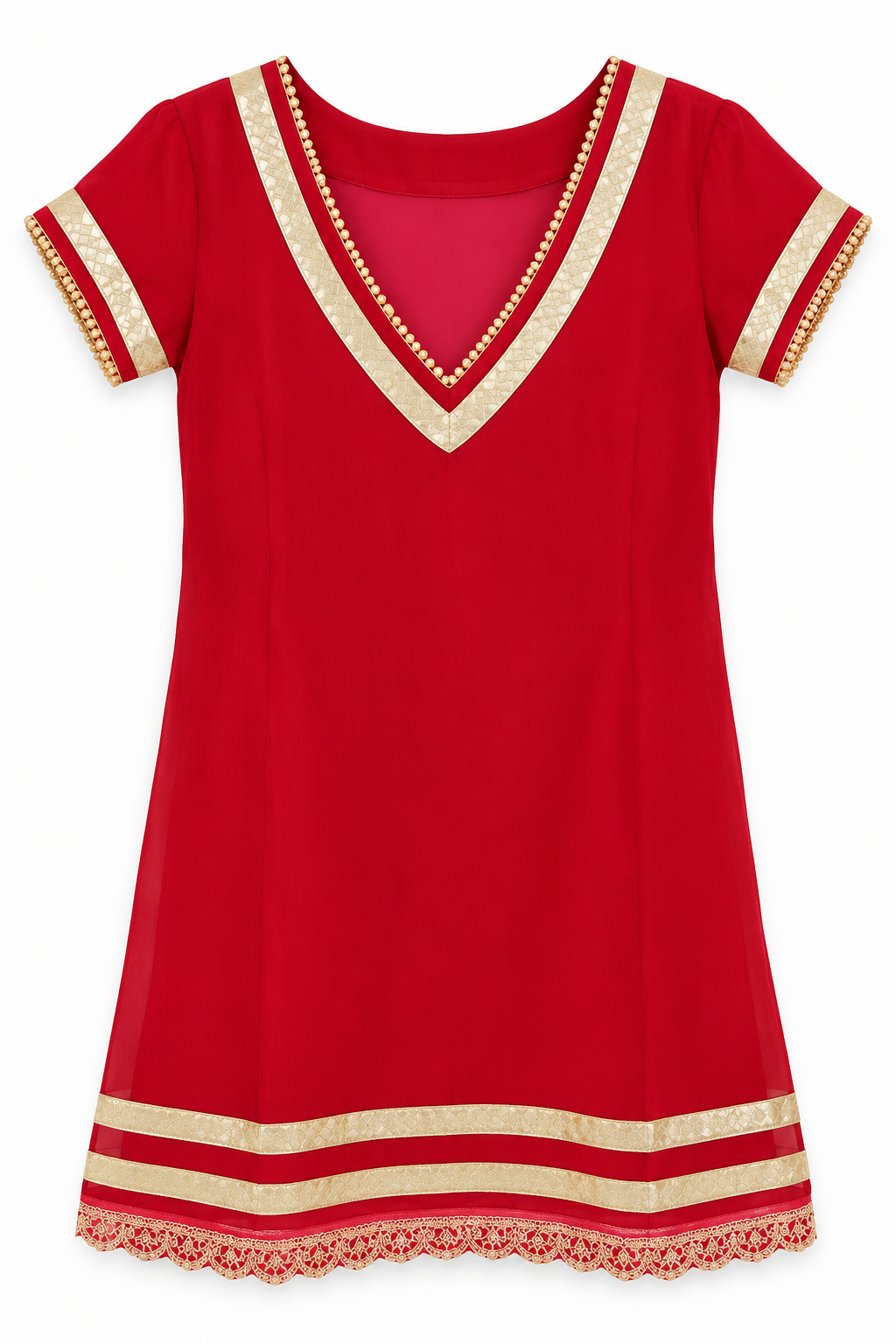 Red Gold Lace V-Neck Georgette Kurta Folded View