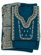 Teal Pearl Floral Bead Embroidered Kurta Neckline Detail by Amaal Fashion