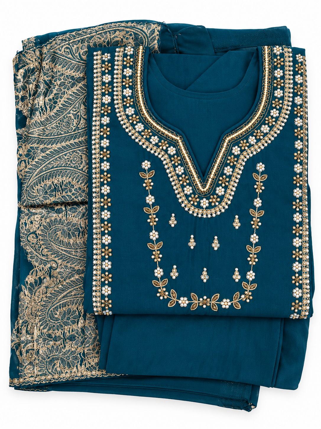 Teal Pearl Floral Bead Embroidered Kurta Neckline Detail by Amaal Fashion