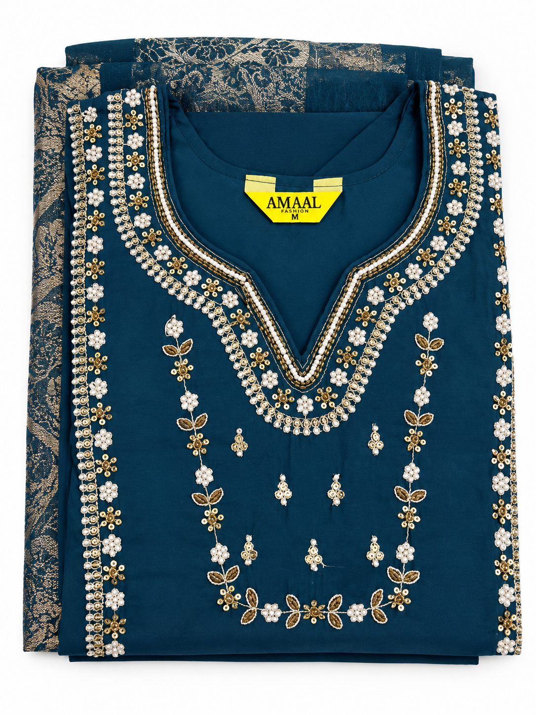 Teal Pearl Floral Bead Embroidered Salwar Kameez Set with Banarasi Dupatta