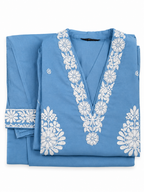 Steel Blue Pearl Embroidered Kurta Neckline Detail by Shabrifa