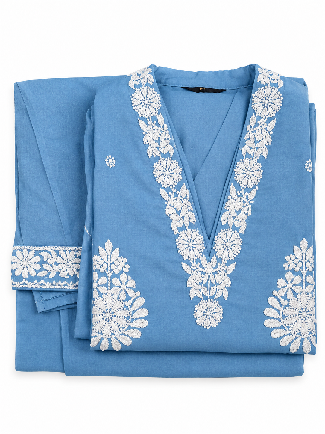 Steel Blue Pearl Embroidered Kurta Neckline Detail by Shabrifa