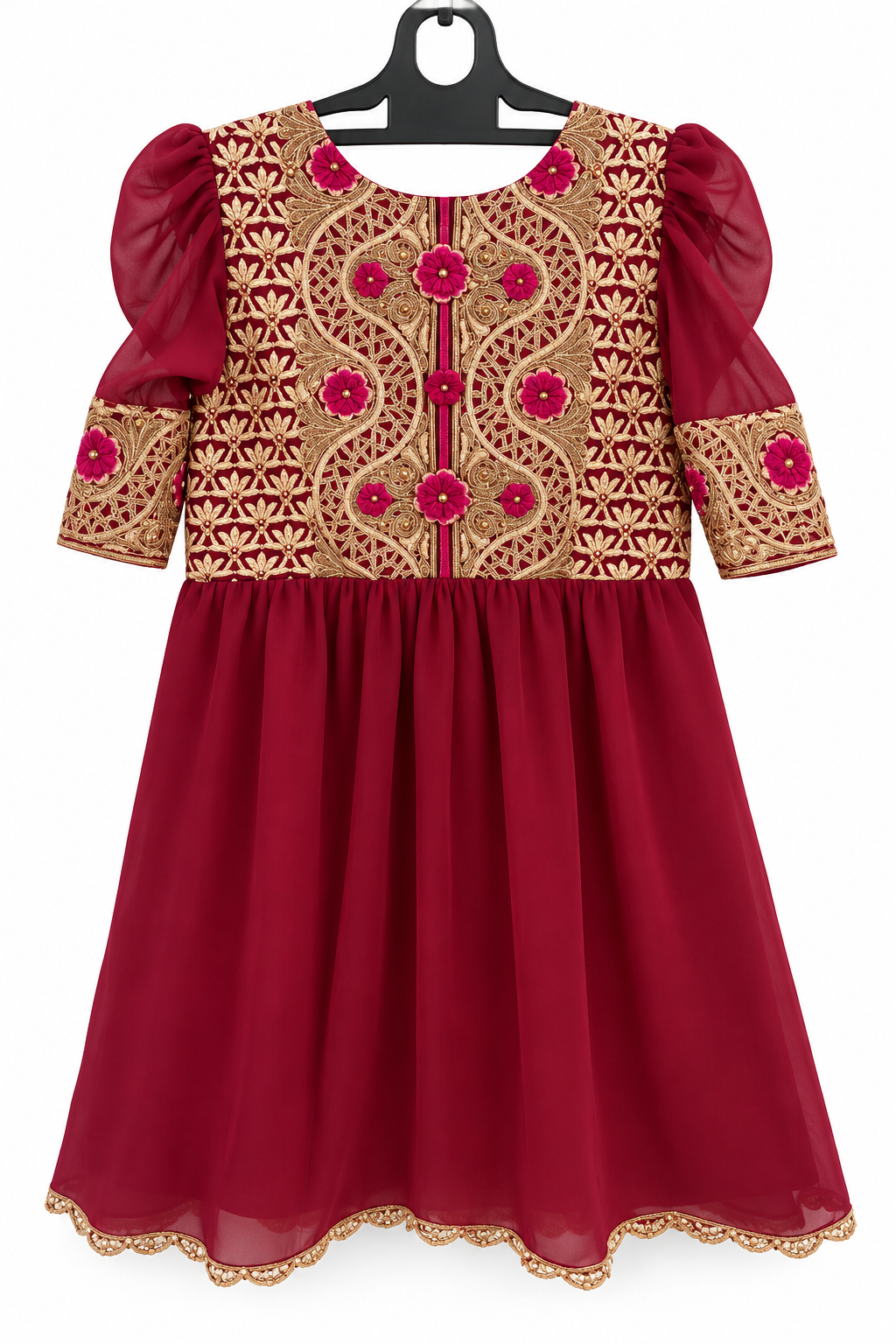 Maroon Gold Zardozi Georgette Girls Festive Frock