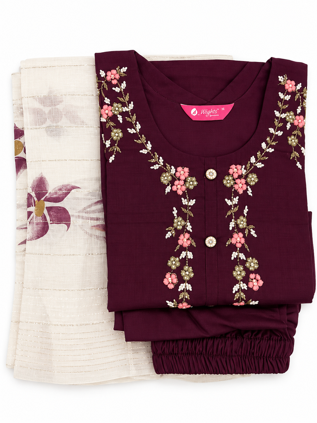 Wine Pink Floral Embroidered Kurta Neckline Detail by Wights