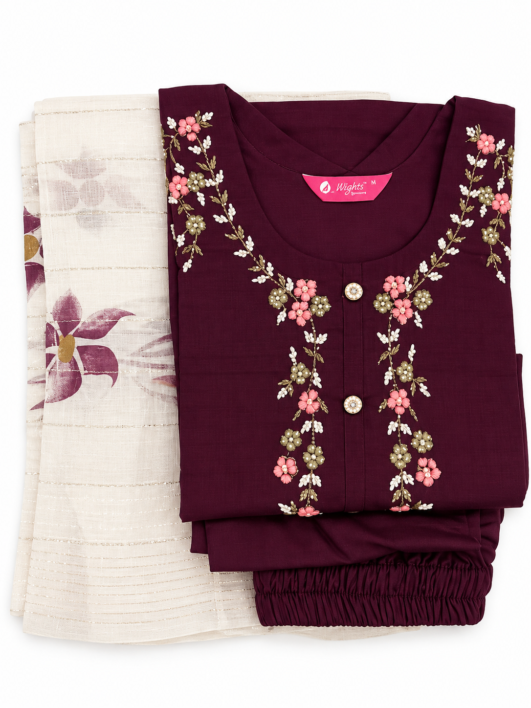 Wine Pink Floral Embroidered Kurta Neckline Detail by Wights