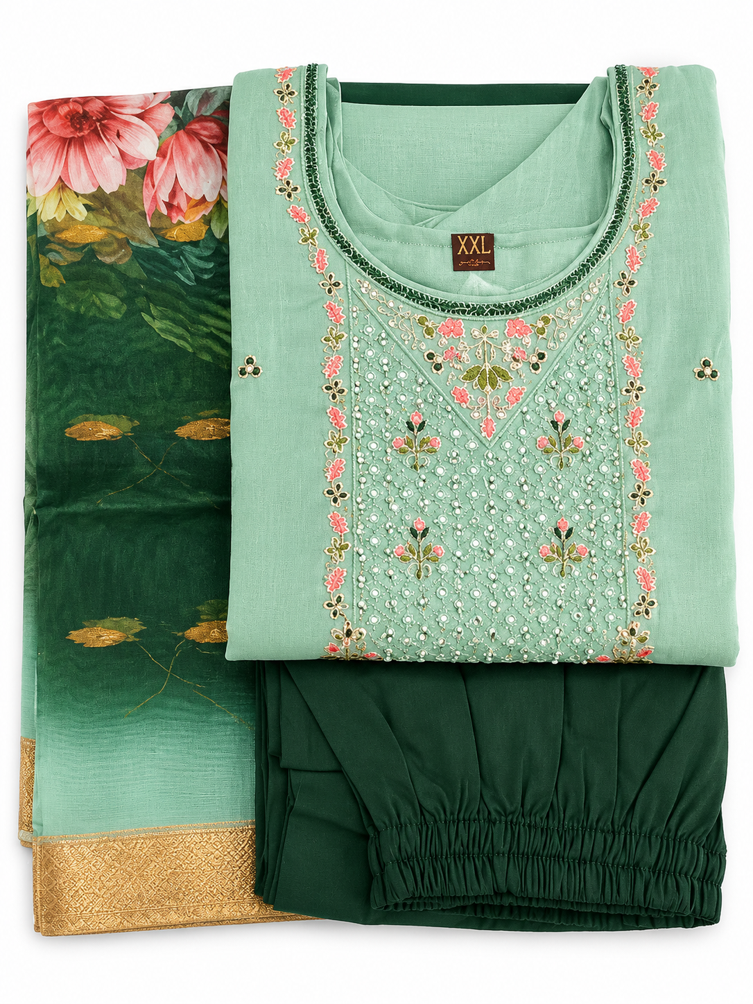 Mint Green Pearl Bead Floral Embroidered Salwar Kameez Set with Printed Dupatta