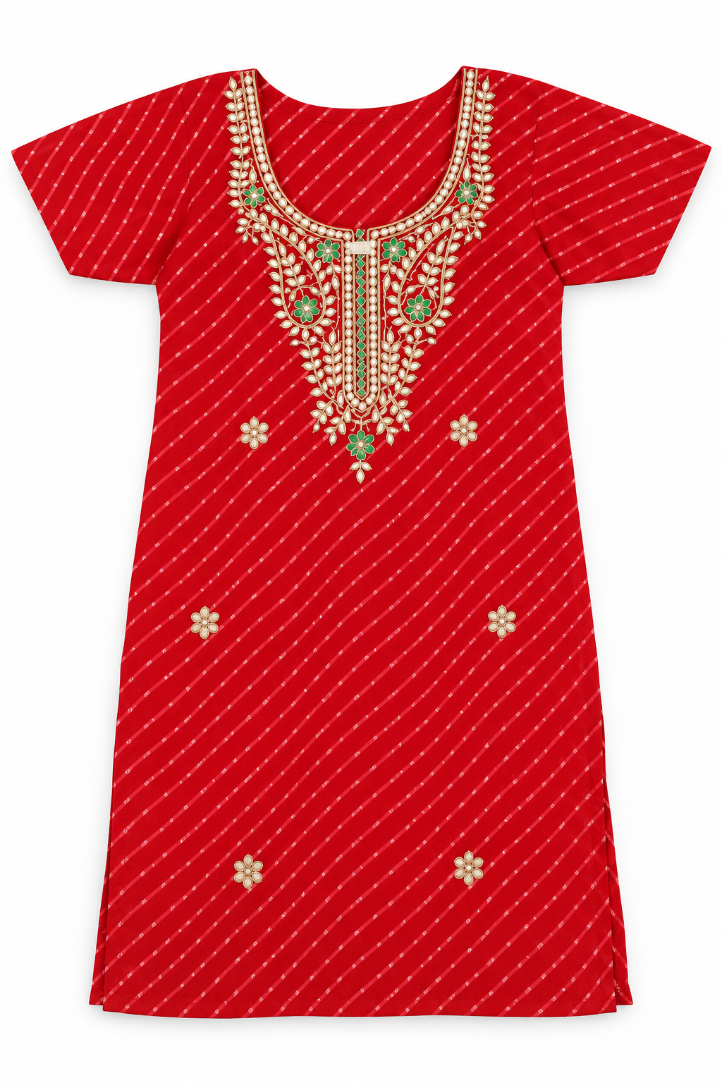 Red Leheriya Gold Green Embroidered Kurta Folded View
