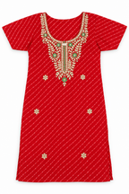 Red Leheriya Gold Green Embroidered Kurta Folded View
