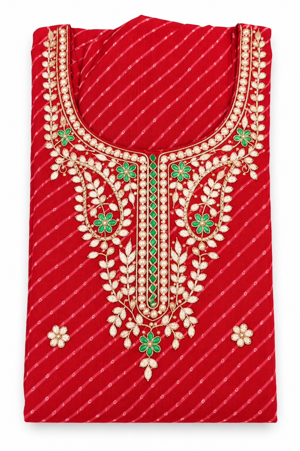 Red Leheriya Gold Green Embroidered Kurta Front View