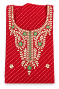 Red Leheriya Gold Green Embroidered Kurta Front View
